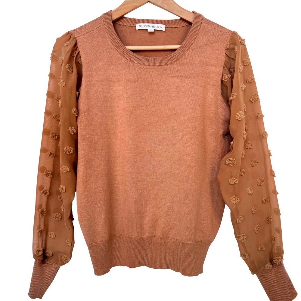 Polka Dot Sheer Puff Sleeve Sweater Brown Lightweight Small Granola Romantic